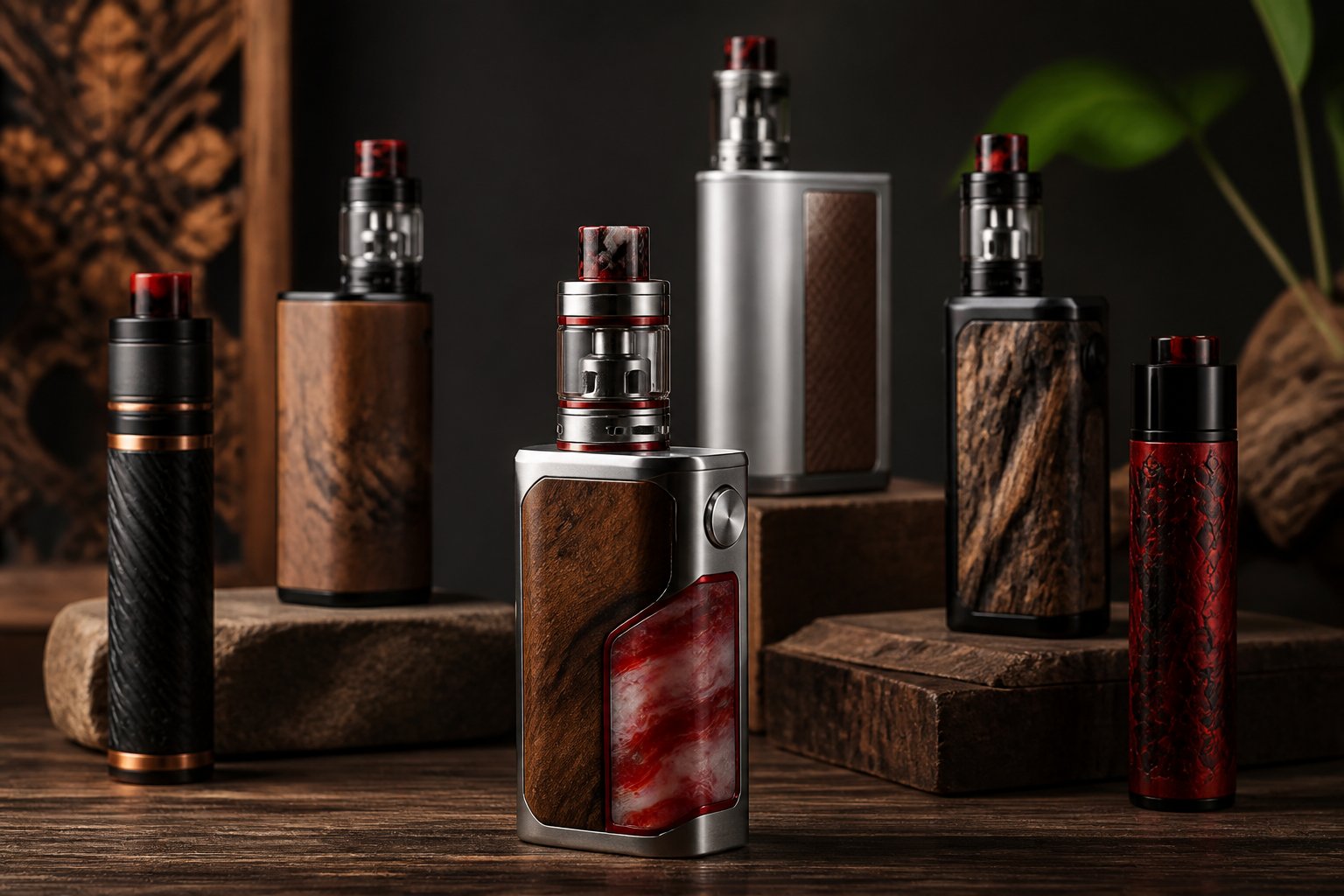 Beberapa perangkat vape buatan lokal Indonesia tersusun di atas meja kayu dalam suasana studio.