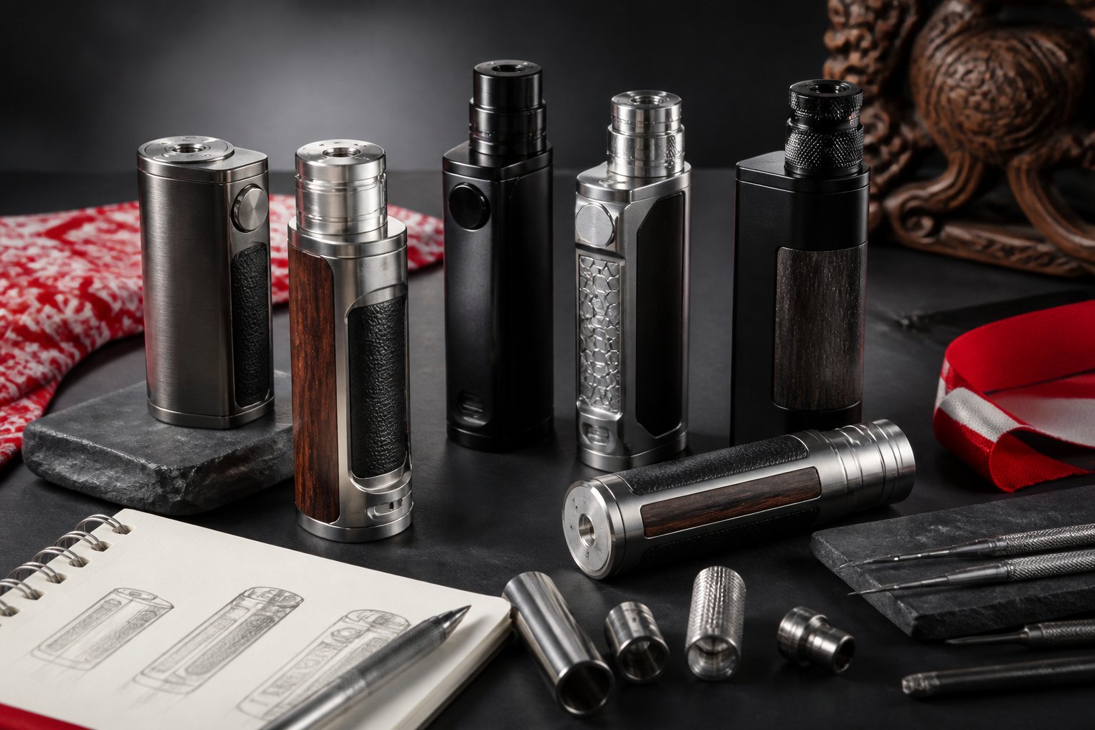 Beberapa mod vape lokal tanpa merek ditata di atas meja dengan alat presisi dan komponen pendukung.
