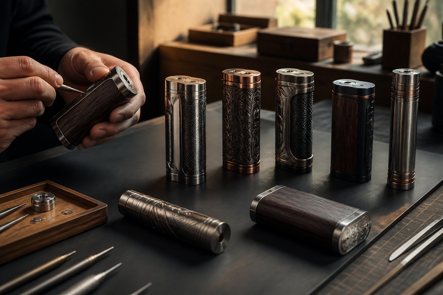 Beberapa mod vape buatan lokal Indonesia ditata di meja studio, sementara seorang perajin memeriksa salah satunya.