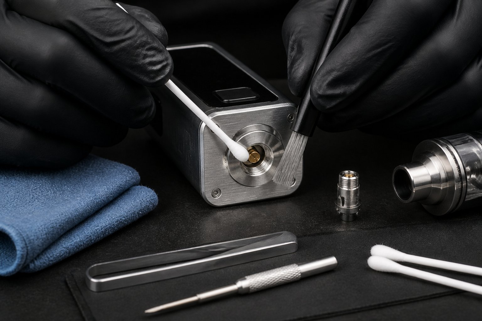 Tangan bersarung membersihkan pin konektor mod vape dengan kapas dan sikat kecil di atas meja kerja.