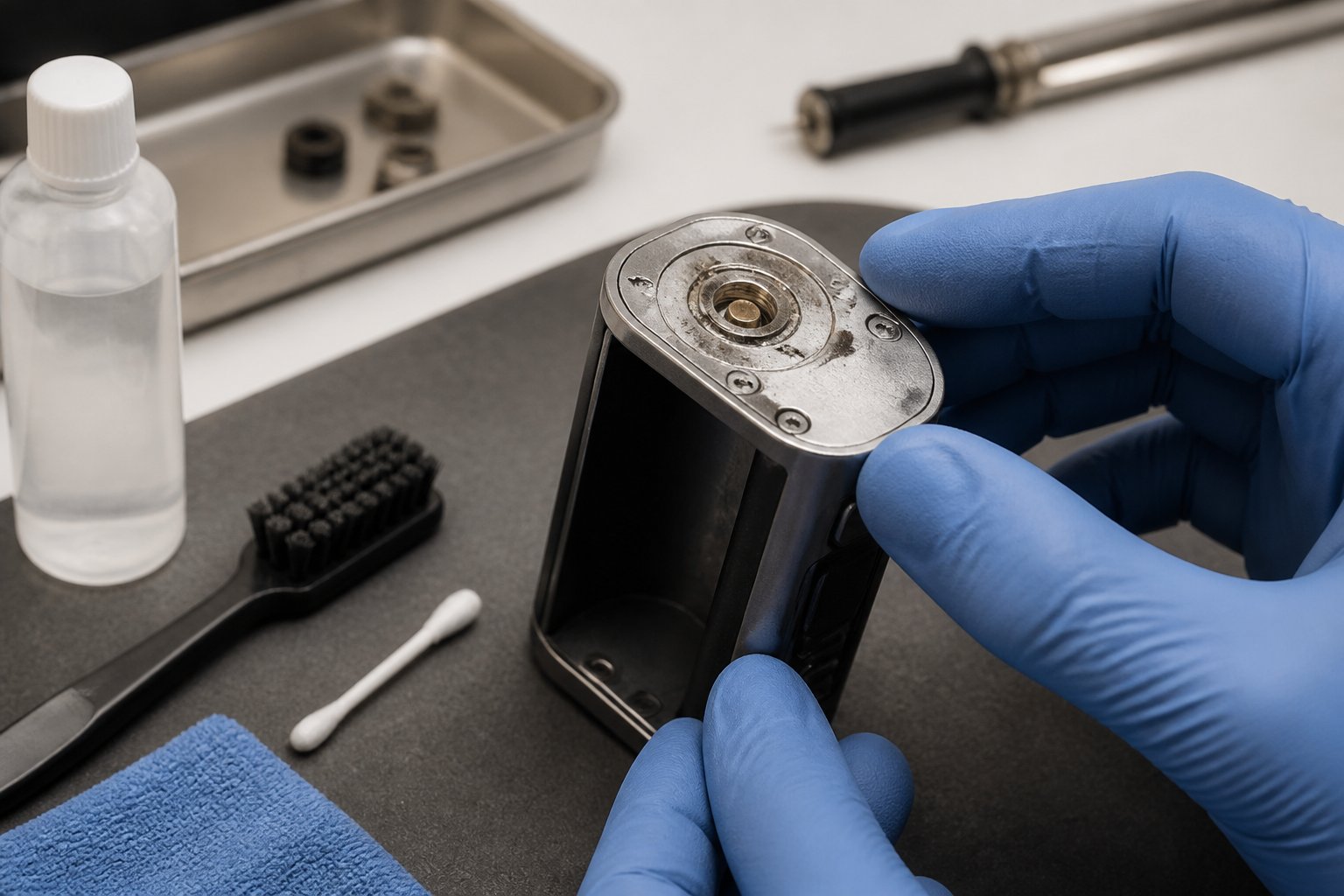 Tangan bersarung memeriksa pin konektor mod vape yang kotor dengan alat pembersih di meja kerja.