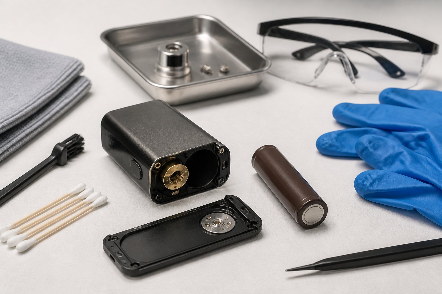 Mod vape yang baterainya dilepas diletakkan di meja kerja bersama alat pembersih dan perlengkapan keselamatan.