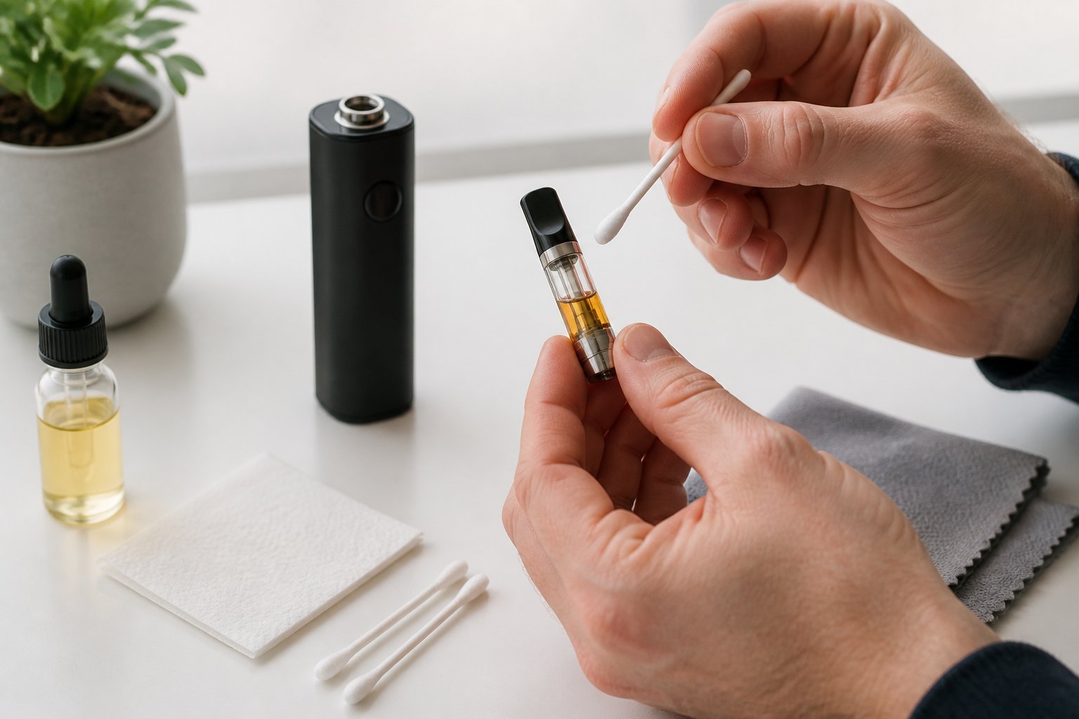 Tangan orang dewasa sedang membersihkan dan memeriksa cartridge vape di atas meja bersama cairan isi ulang dan kain mikrofiber.