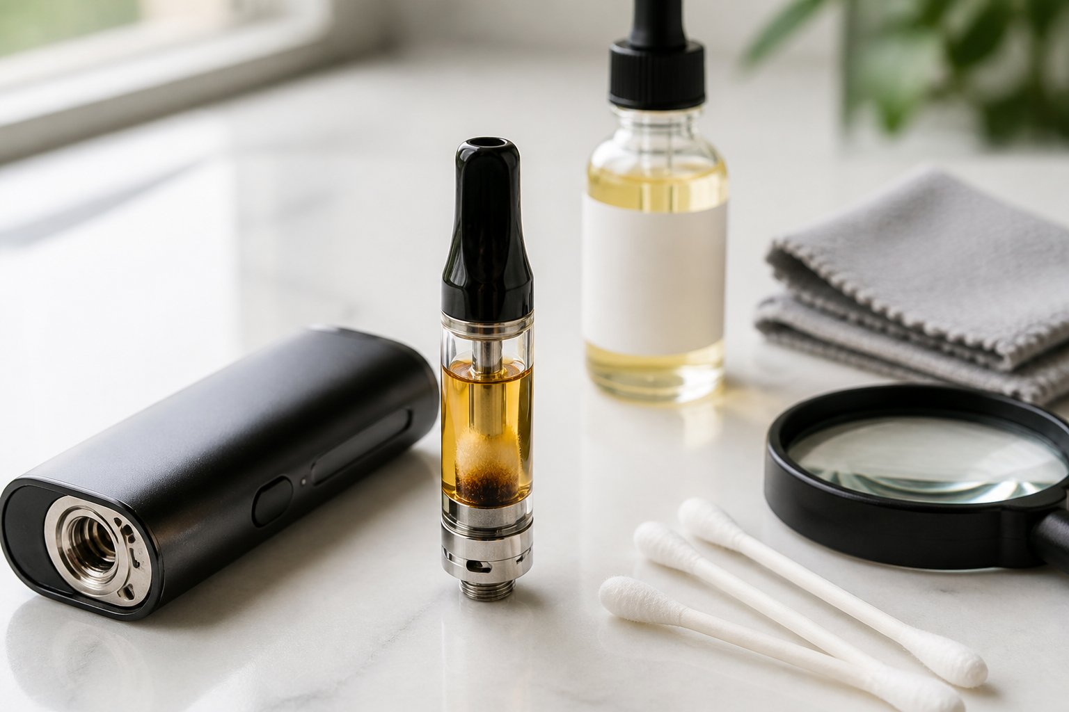 Cartridge vape transparan dengan bagian dalam yang mulai berubah warna, diletakkan bersama perangkat vape dan perlengkapan pembersih.