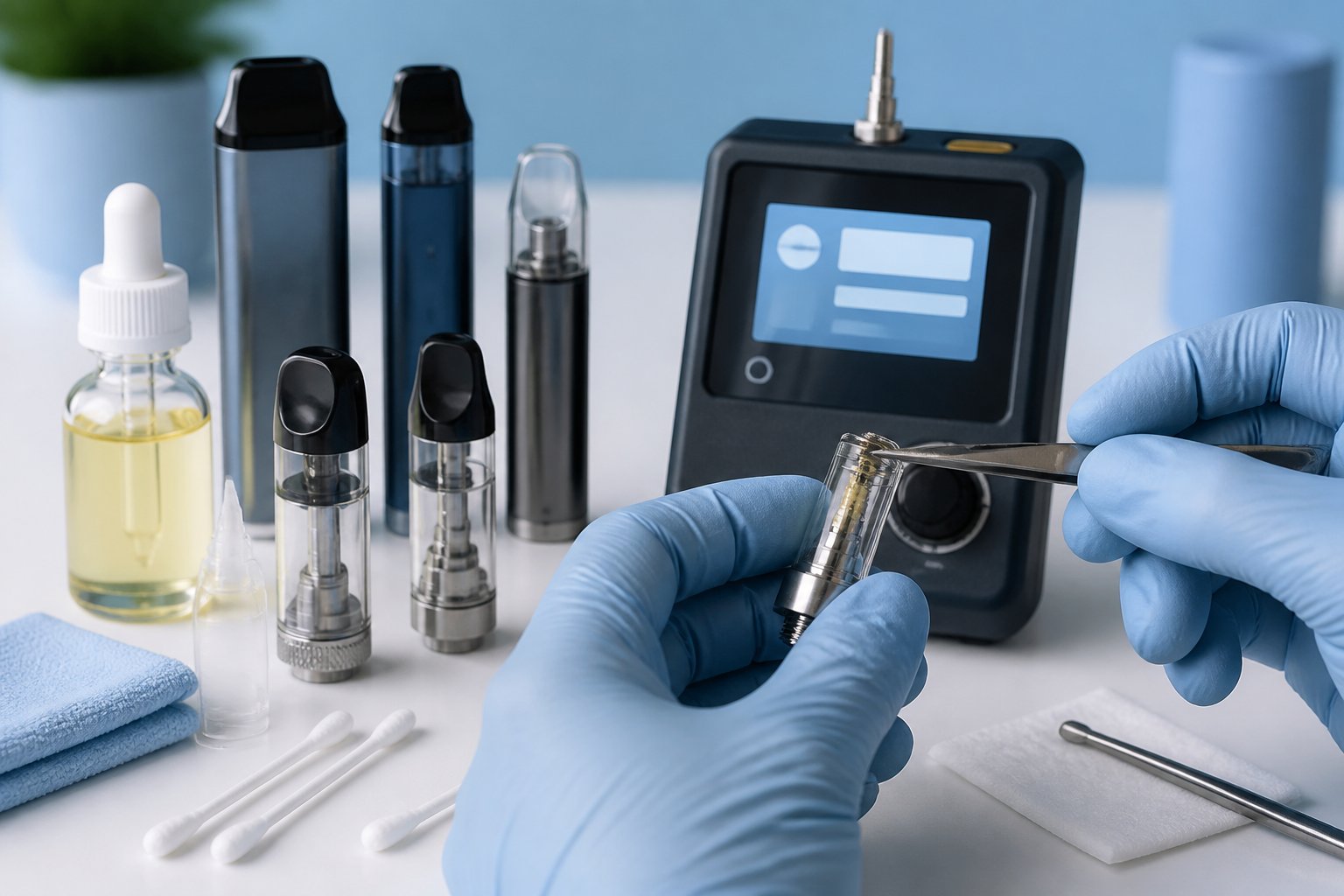 Tangan bersarung memeriksa cartridge vape dan kumparannya di samping alat pengukur resistansi serta perlengkapan pembersih.