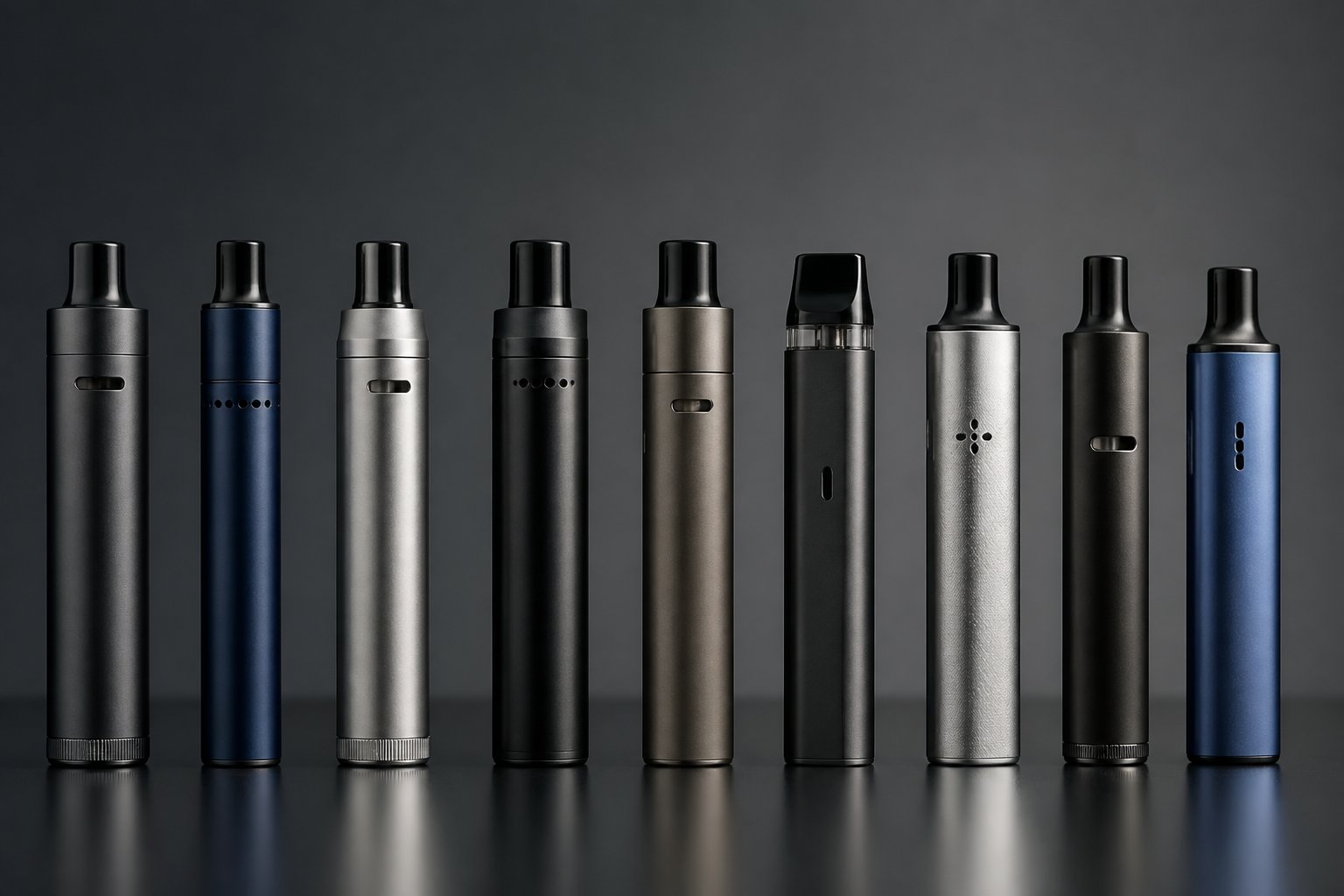 Deretan perangkat vape modern dengan desain saluran udara yang beragam di atas permukaan studio.