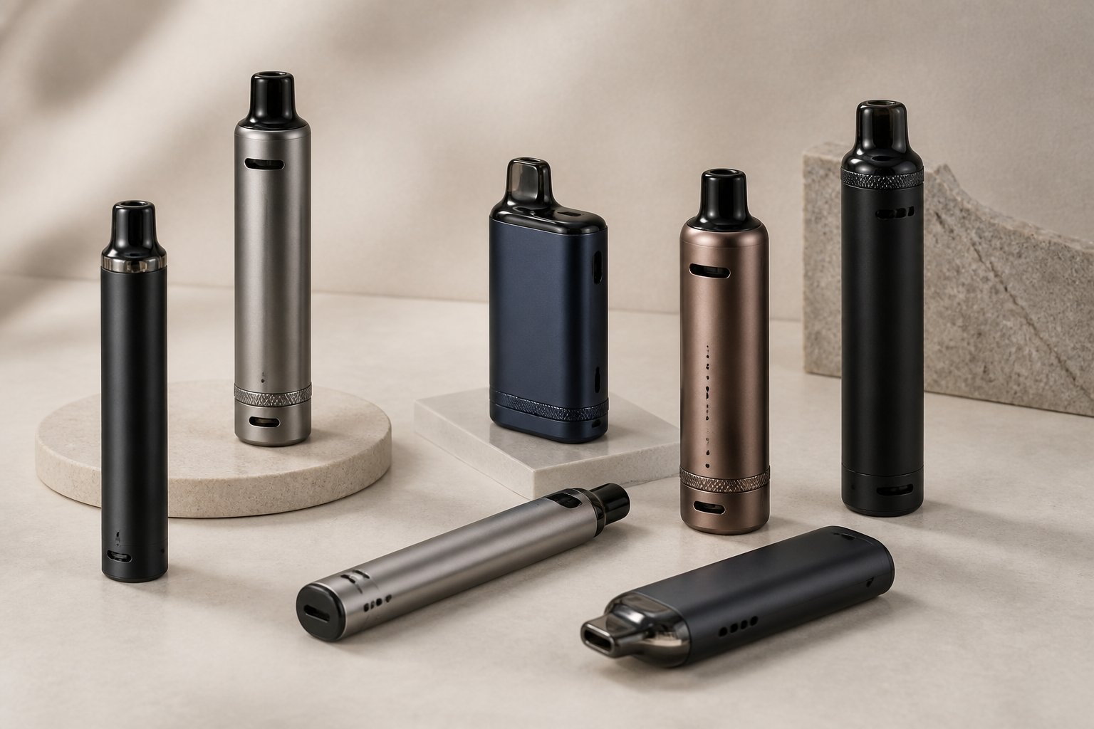 Beragam vape stick dengan desain dan fitur aliran udara berbeda tersusun di atas meja modern.