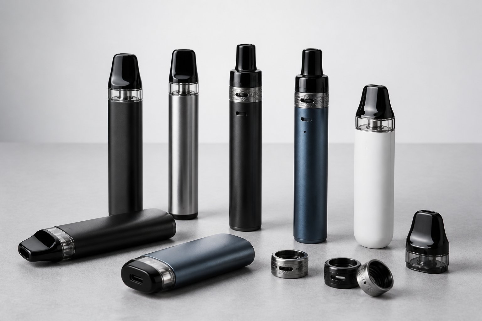 Beberapa perangkat vape modern tersusun rapi di atas meja dengan latar abu-abu terang.