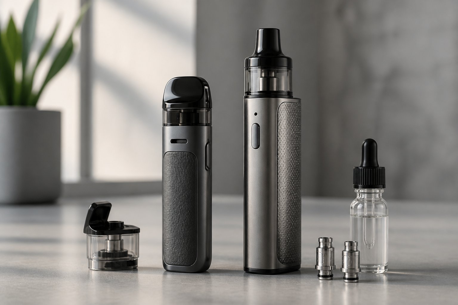 Dua perangkat vape dengan desain berbeda disusun berdampingan di atas meja modern.