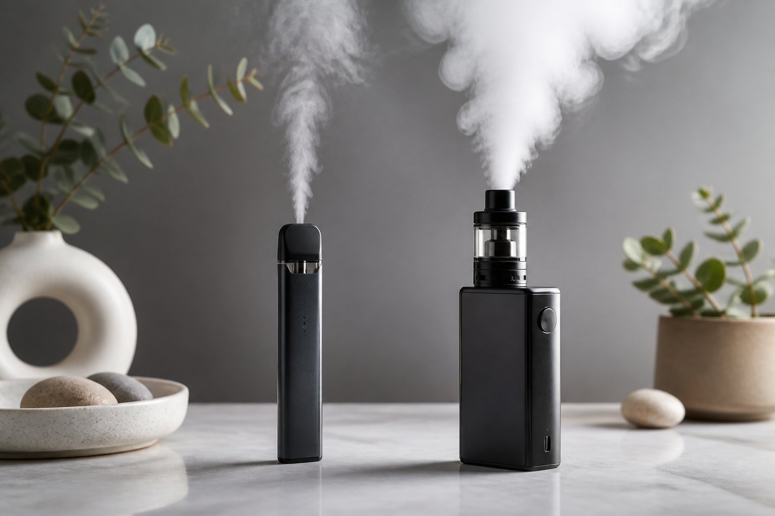 Dua perangkat vape dengan aliran uap tipis dan lebih tebal yang menunjukkan perbedaan cara penggunaan MTL dan RDL.