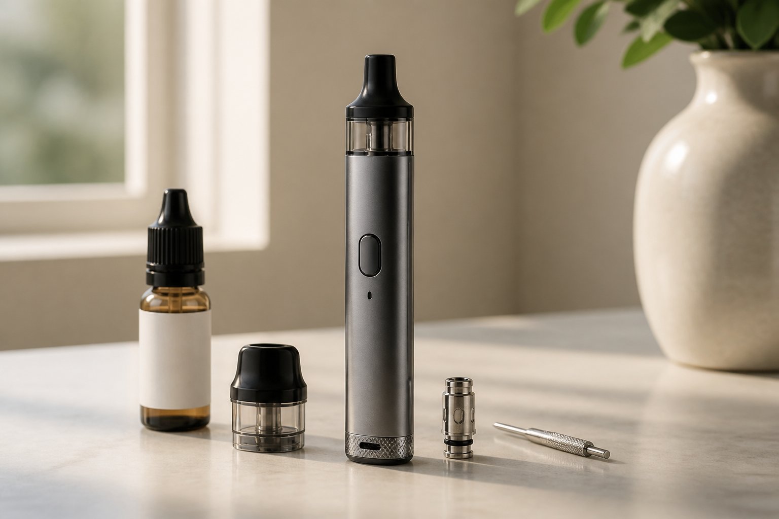 Perangkat vape pod kecil dengan aksesori pendukung tersusun rapi di atas meja.