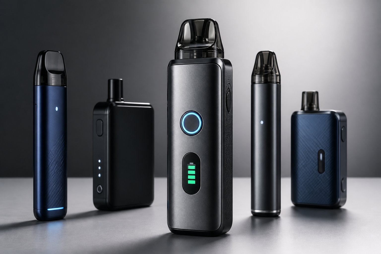 Beberapa perangkat vape modern dengan baterai berkapasitas besar ditata di atas permukaan bersih.