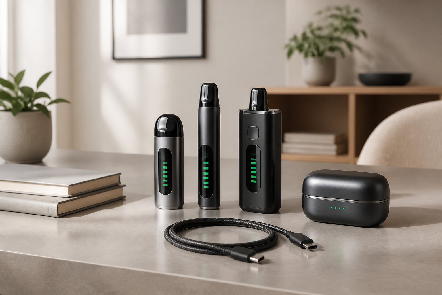 Beberapa perangkat vape berkapasitas baterai besar tertata di atas meja bersama kabel pengisi daya.