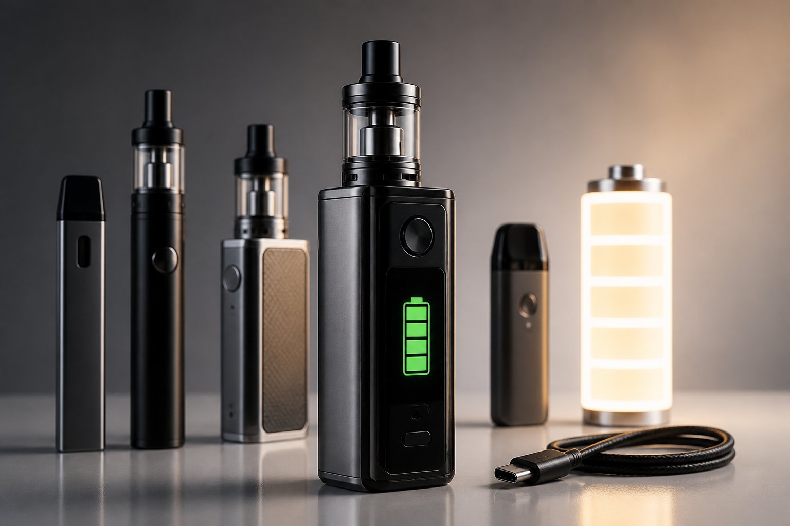 Beberapa perangkat vape modern dengan baterai berkapasitas besar dan kabel pengisi daya di atas permukaan studio.