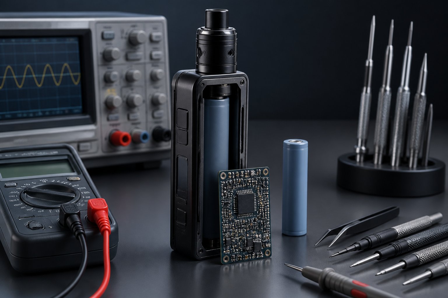 Mod vape baterai tunggal, papan sirkuit, baterai, dan alat pengukur elektronik tersusun di meja teknis.