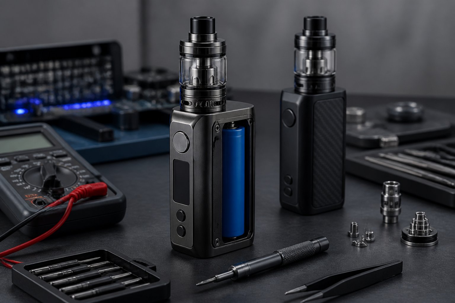 Dua vape mod baterai tunggal berada di meja kerja teknis dengan alat elektronik dan komponen sirkuit di sekitarnya.