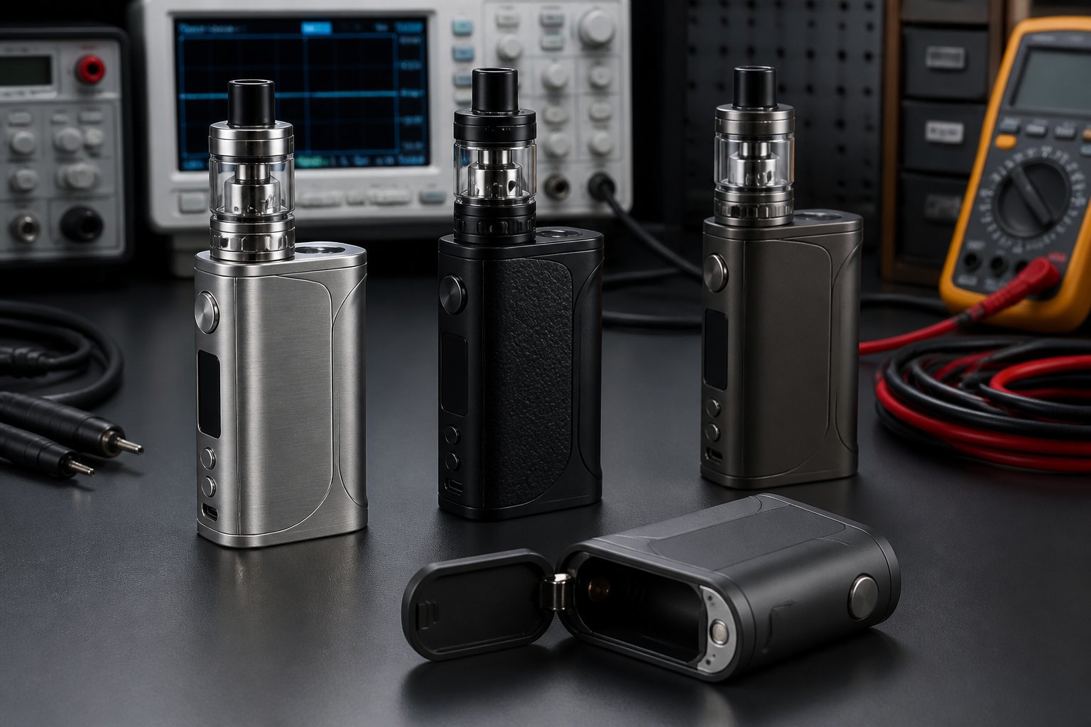 Tiga vape mod satu baterai berada di meja kerja dengan peralatan pengujian elektronik di latar belakang.