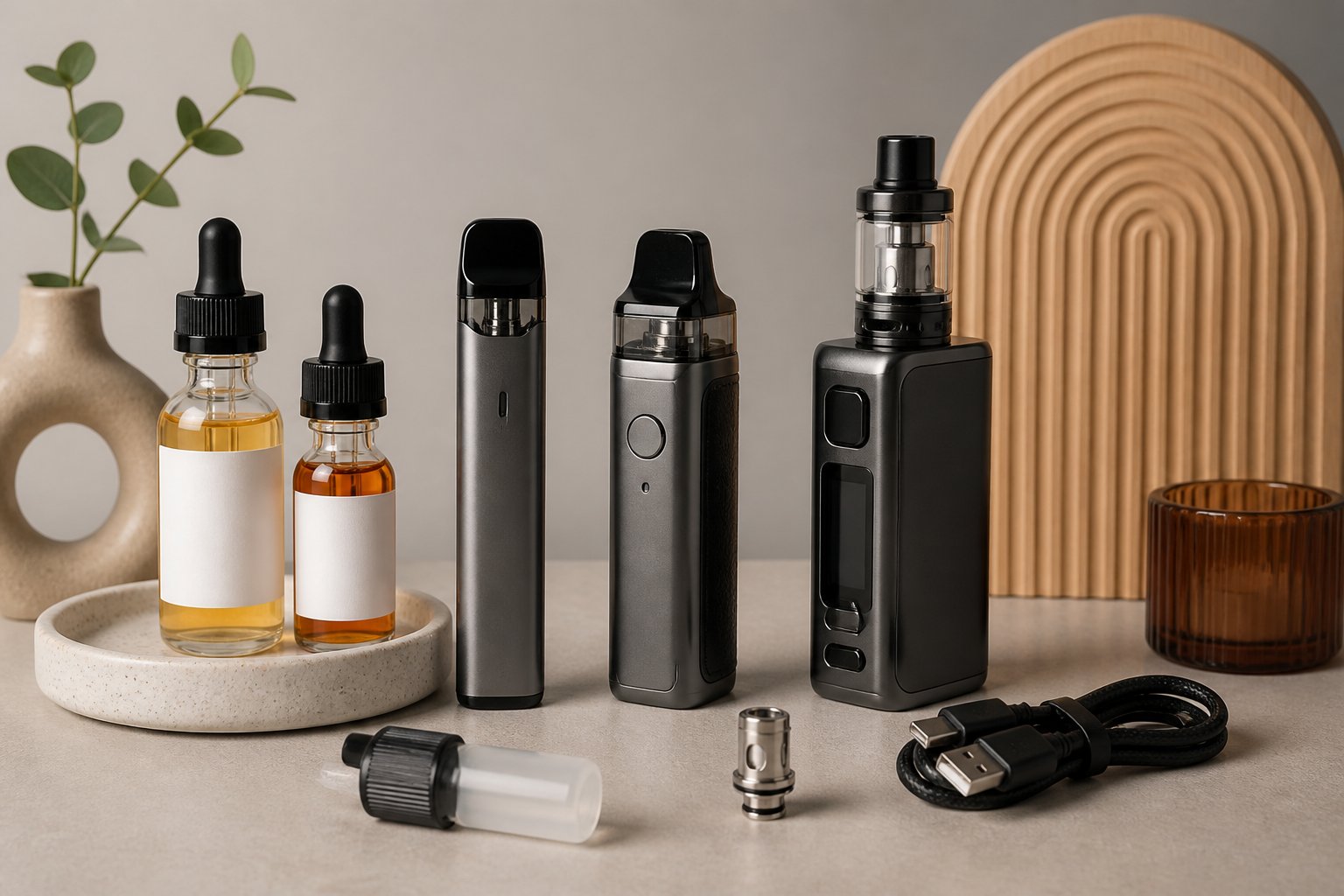 Beberapa perangkat vape dan botol cairan elektronik tertata rapi di atas permukaan studio.