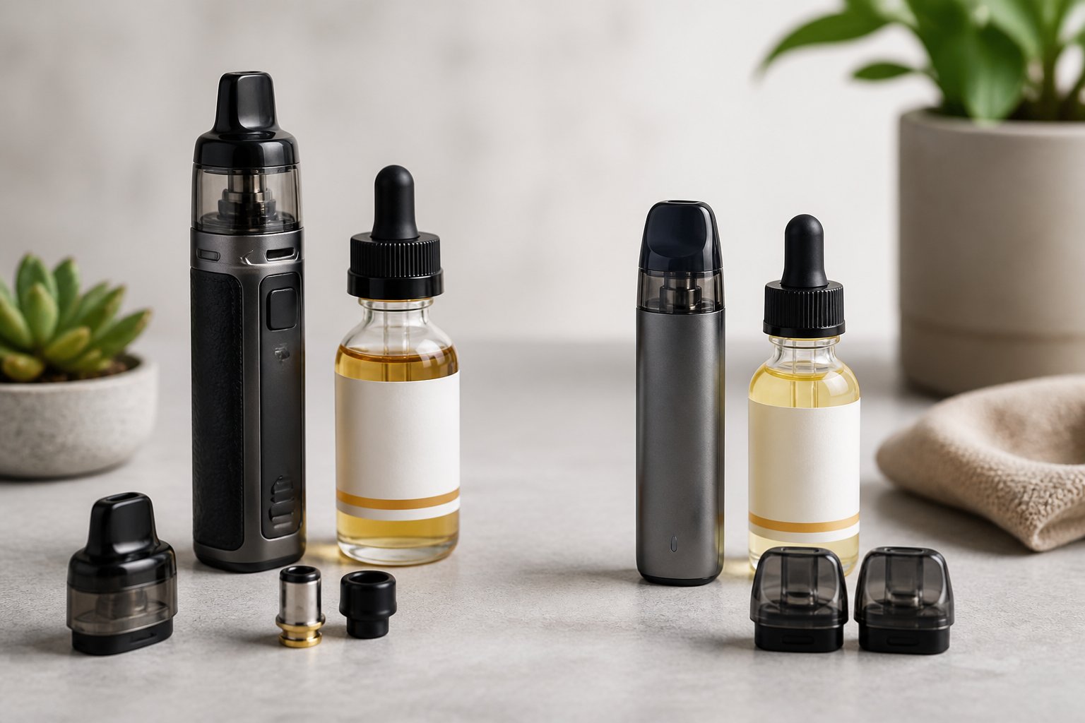 Dua jenis perangkat vape dan botol liquid yang ditata berdampingan di atas meja.