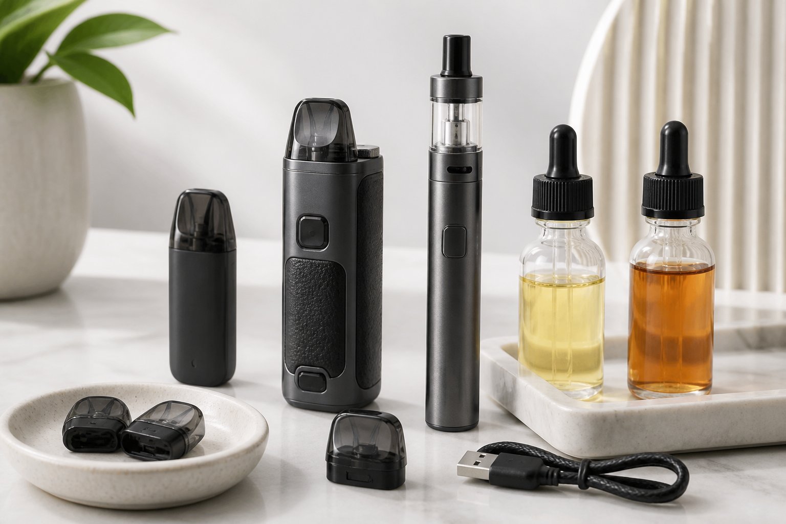 Beberapa perangkat vape tanpa merek dan botol cairan tersusun di atas meja terang.