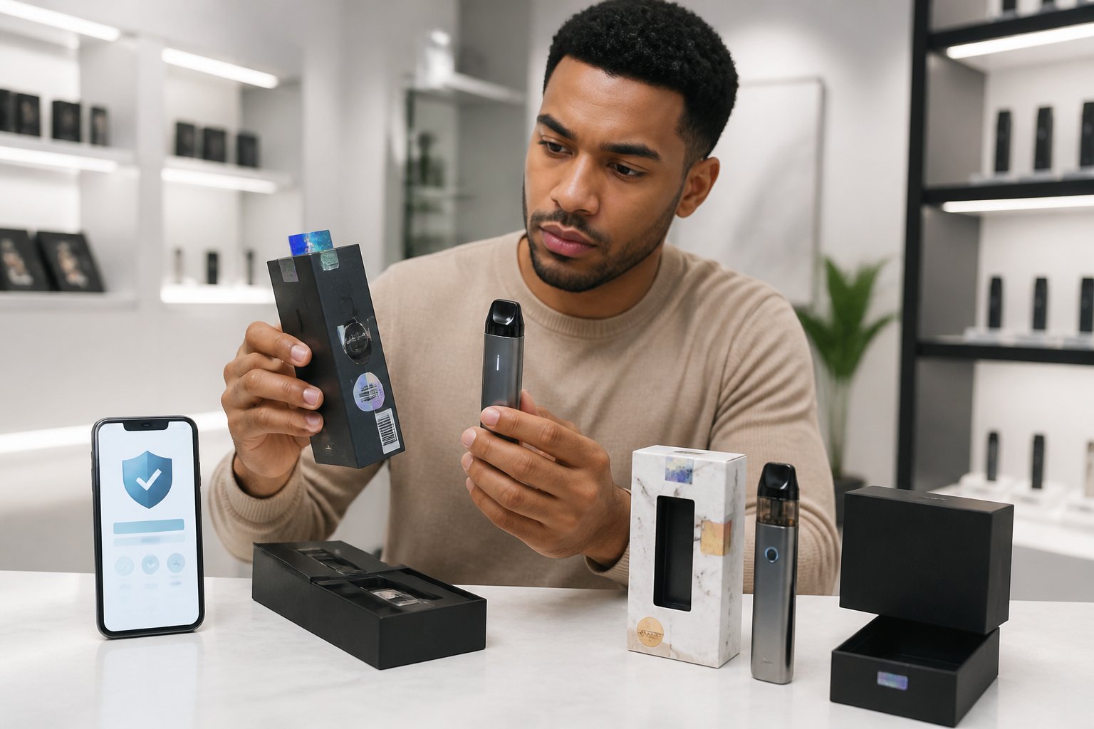 Orang dewasa memeriksa perangkat vape dan kemasannya sambil membandingkannya dengan produk yang tampak mencurigakan.