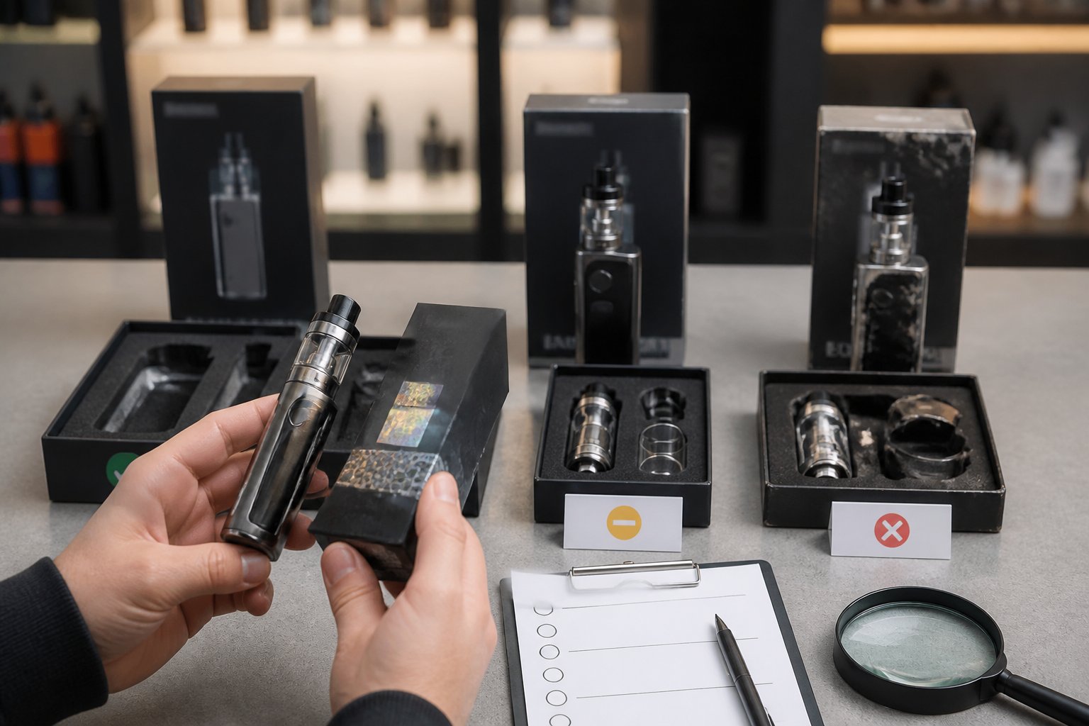 Tangan memeriksa tiga perangkat vape dengan kemasan berbeda untuk membandingkan keaslian dan kualitasnya.