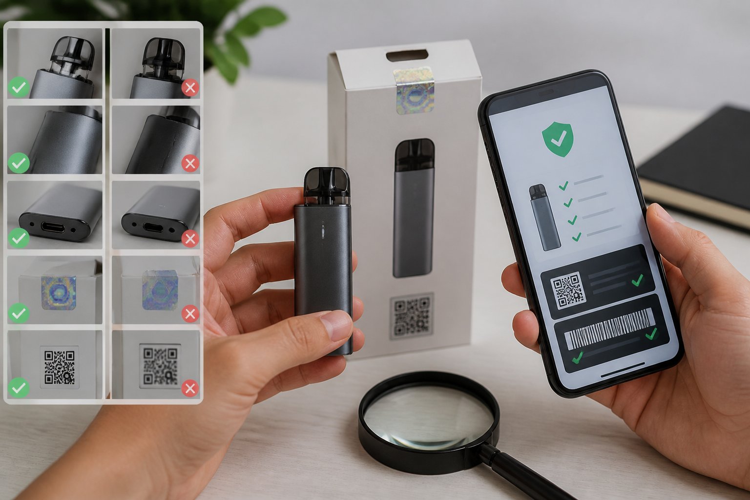 Tangan memeriksa perangkat vape dan kemasannya menggunakan kaca pembesar serta ponsel.