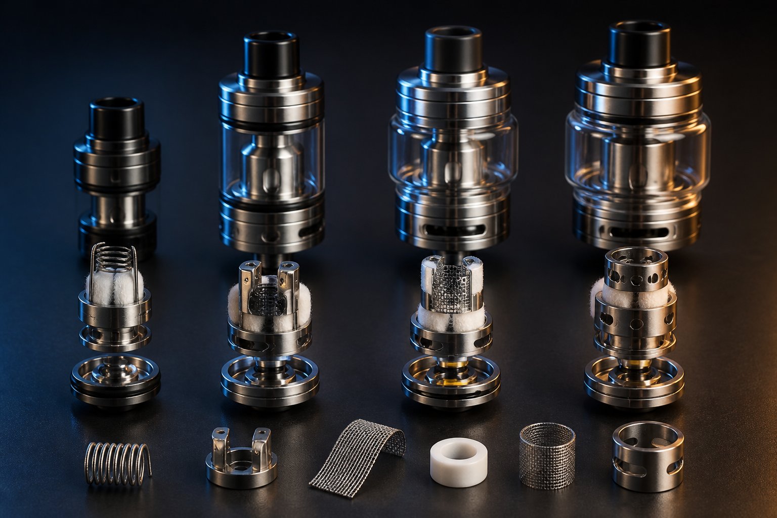 Beberapa perangkat vape tanpa merek dan komponen coil ditata untuk menunjukkan perkembangan dari desain sederhana ke teknologi coil modern.