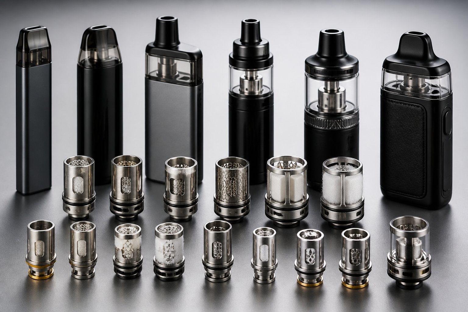 Beberapa perangkat vape modern dan komponen coil dengan desain teknologi yang beragam tersusun di permukaan studio.
