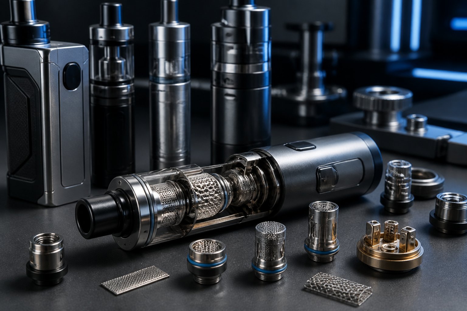 Perangkat vape modern dan berbagai komponen coil canggih ditata di meja laboratorium teknologi.
