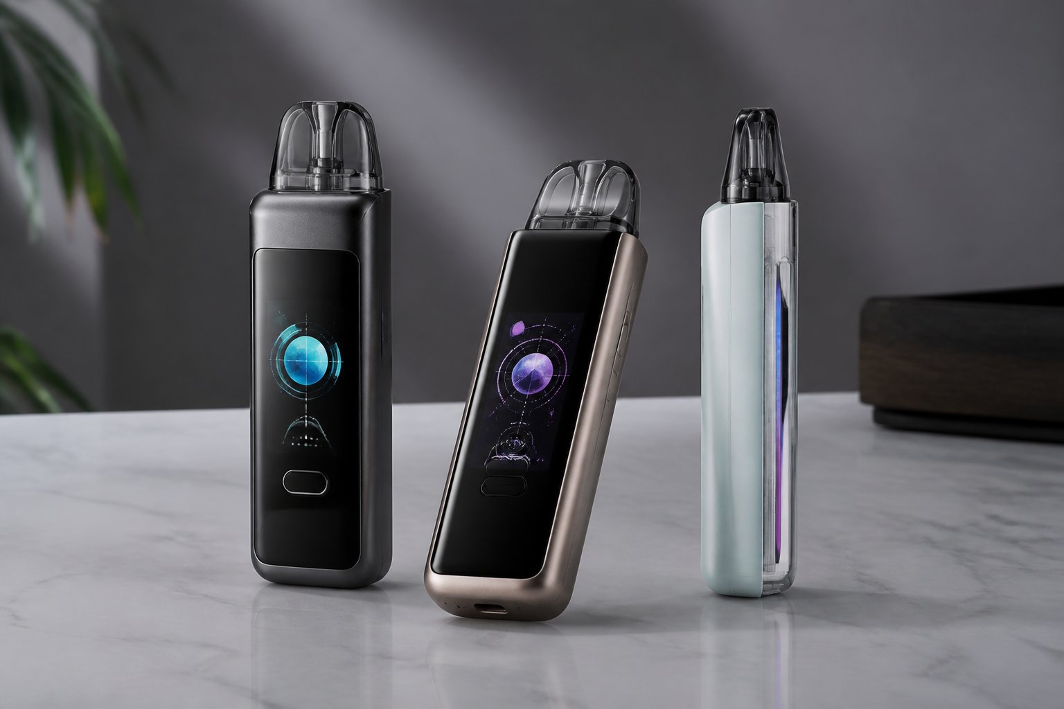 Beberapa perangkat vape pod modern dengan layar sentuh ditata di atas meja minimalis.