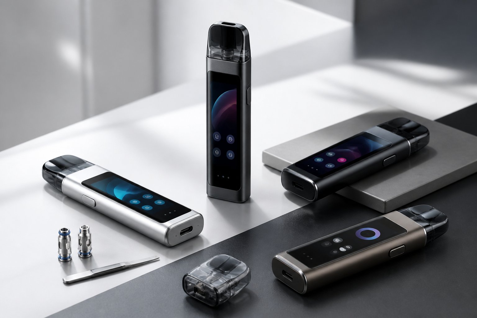 Beberapa perangkat vape pod kit modern dengan layar sentuh ditata di atas meja.