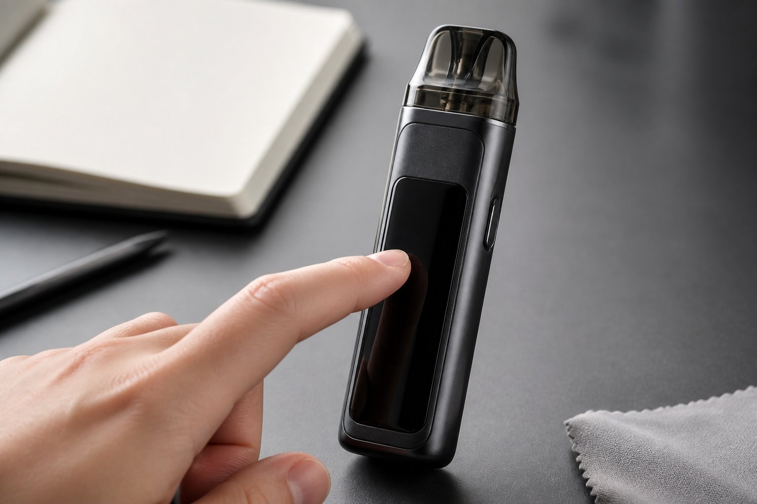 Tangan menyentuh layar sebuah perangkat vape pod kit yang diletakkan di atas meja.