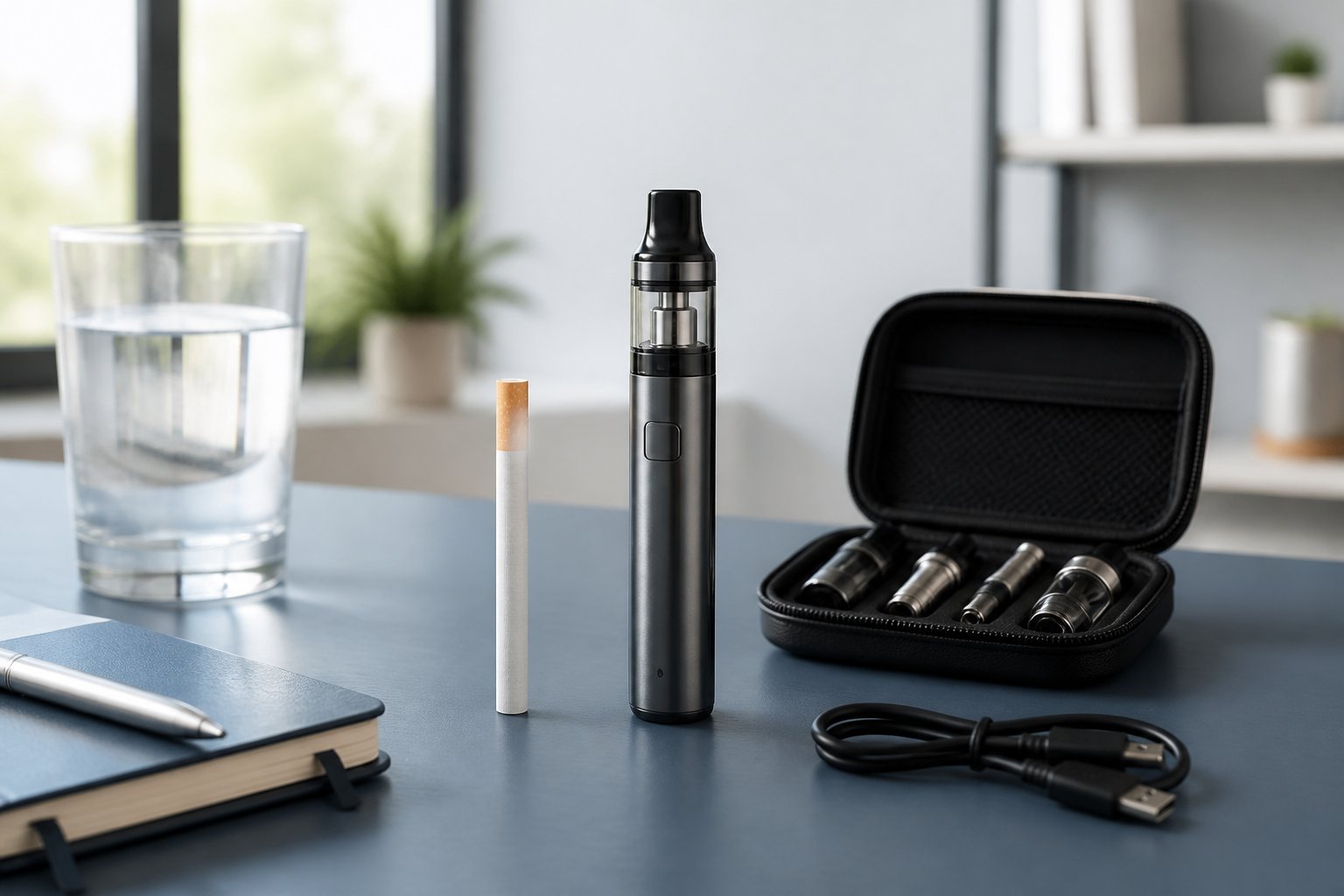 Sebatang rokok konvensional dan perangkat vape modern diletakkan berdampingan di atas meja dengan aksesori vape dan segelas air.