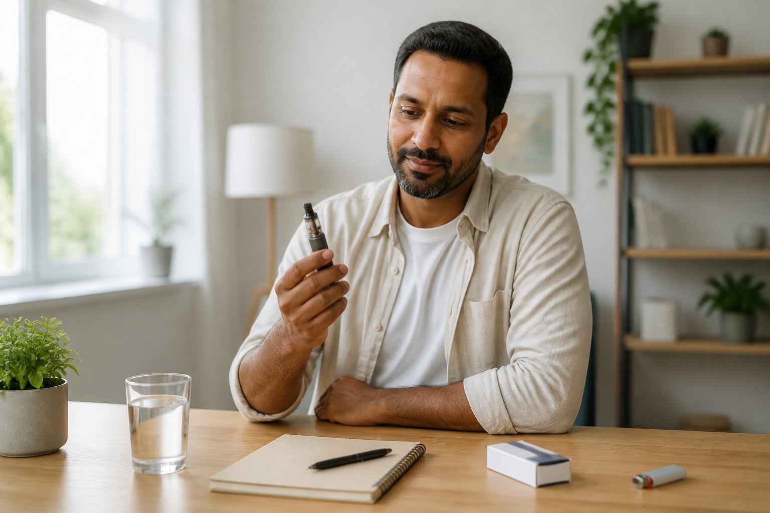 Seorang mantan perokok dewasa memeriksa perangkat vape modern di meja dengan bungkus rokok tertutup dan tanaman kecil di sampingnya.