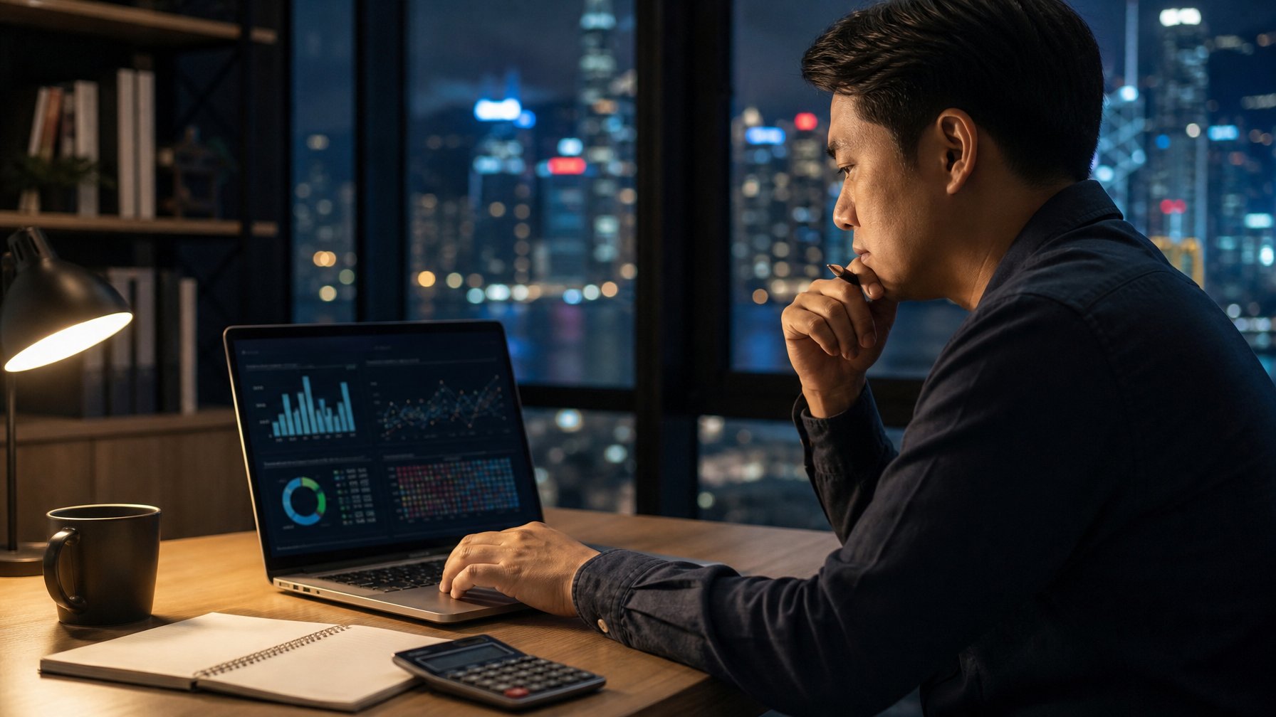 Seseorang menganalisis data di meja kerja dengan latar kota Hong Kong pada malam hari.
