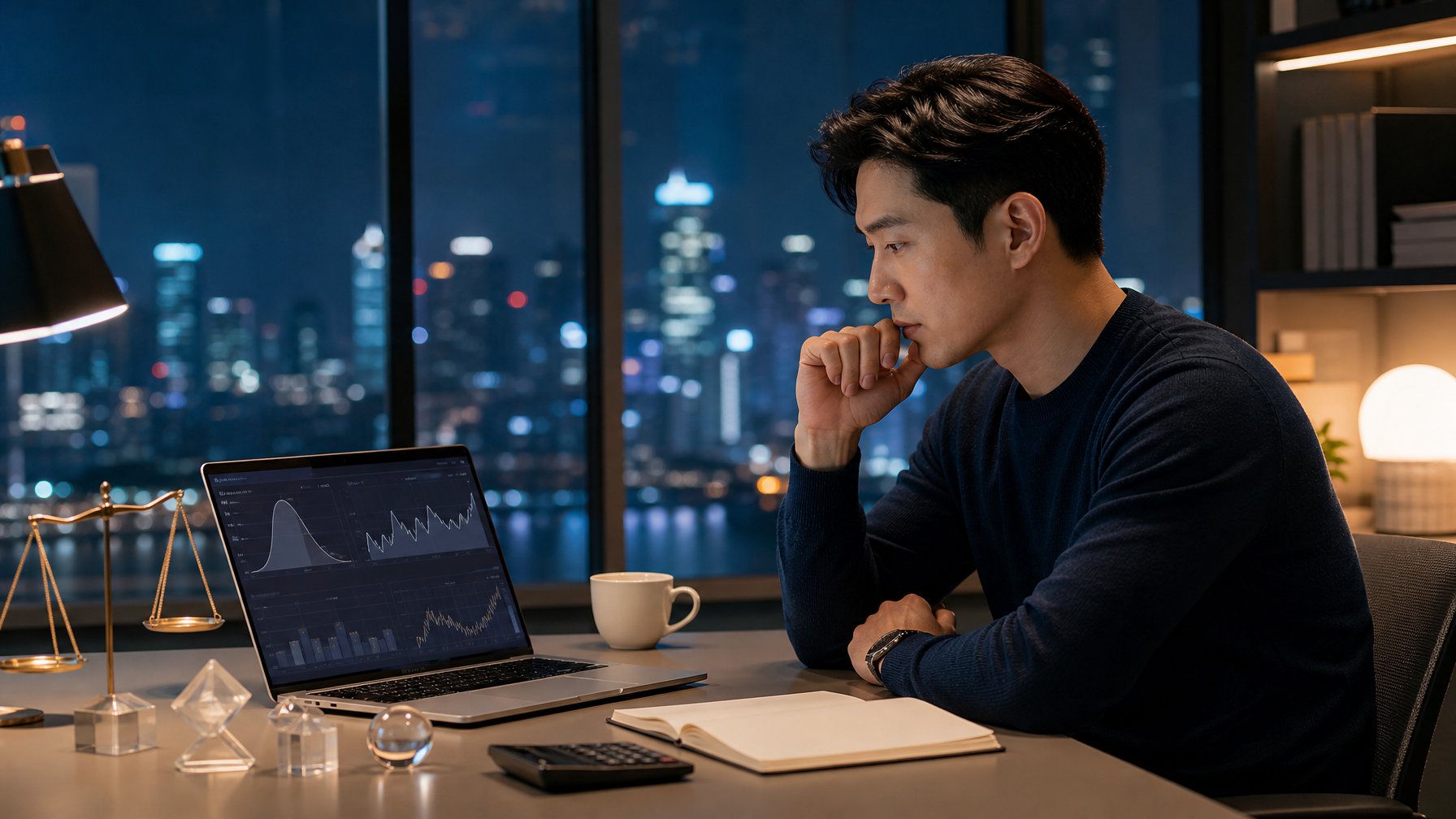 Seorang analis mempelajari grafik abstrak di laptop dalam suasana kantor modern pada malam hari.