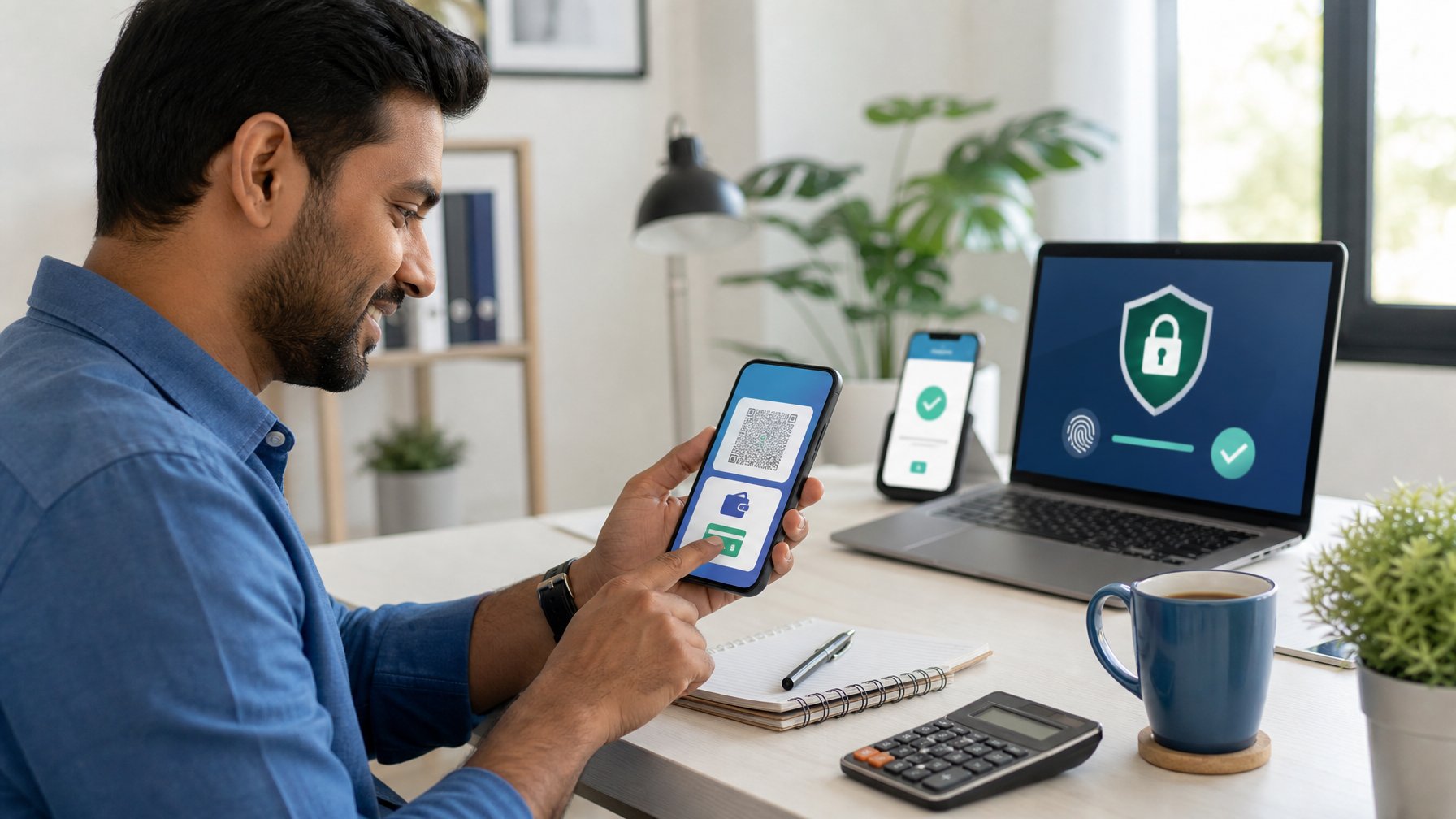Seseorang menggunakan ponsel untuk melakukan pembayaran digital dengan simbol keamanan di meja kerja.
