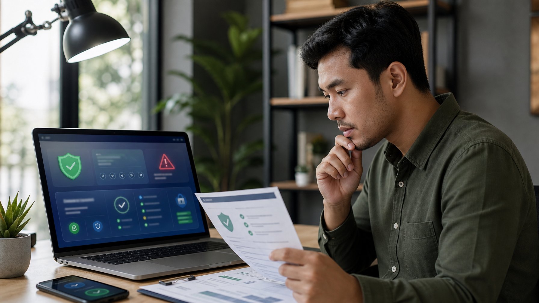 Orang dewasa memeriksa keamanan platform taruhan online di laptop dengan simbol verifikasi dan peringatan.