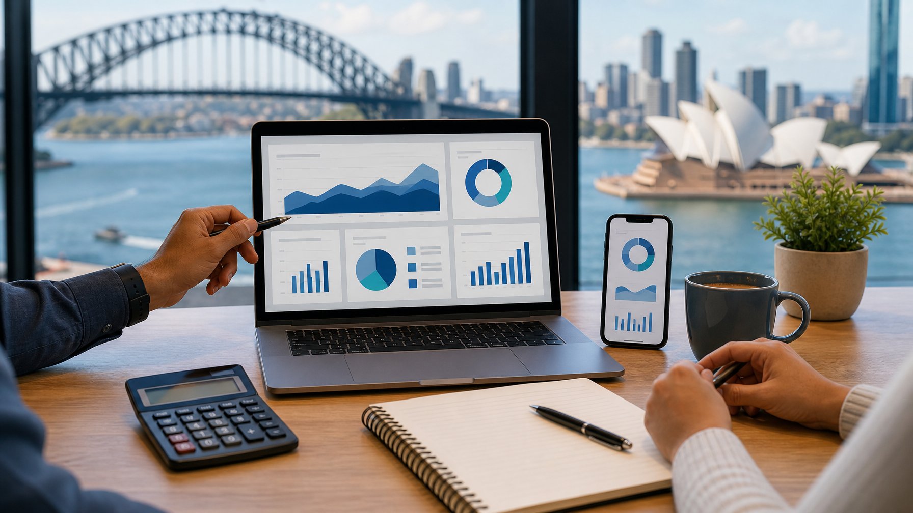 Seseorang meninjau data pada laptop dan ponsel di meja kerja dengan latar cakrawala Sydney.