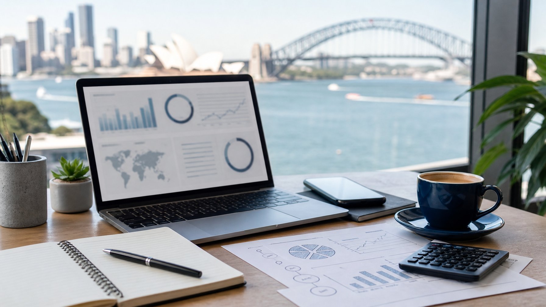 Meja kerja modern dengan laptop berisi grafik abstrak, alat tulis, dan pemandangan pelabuhan Sydney di latar belakang.