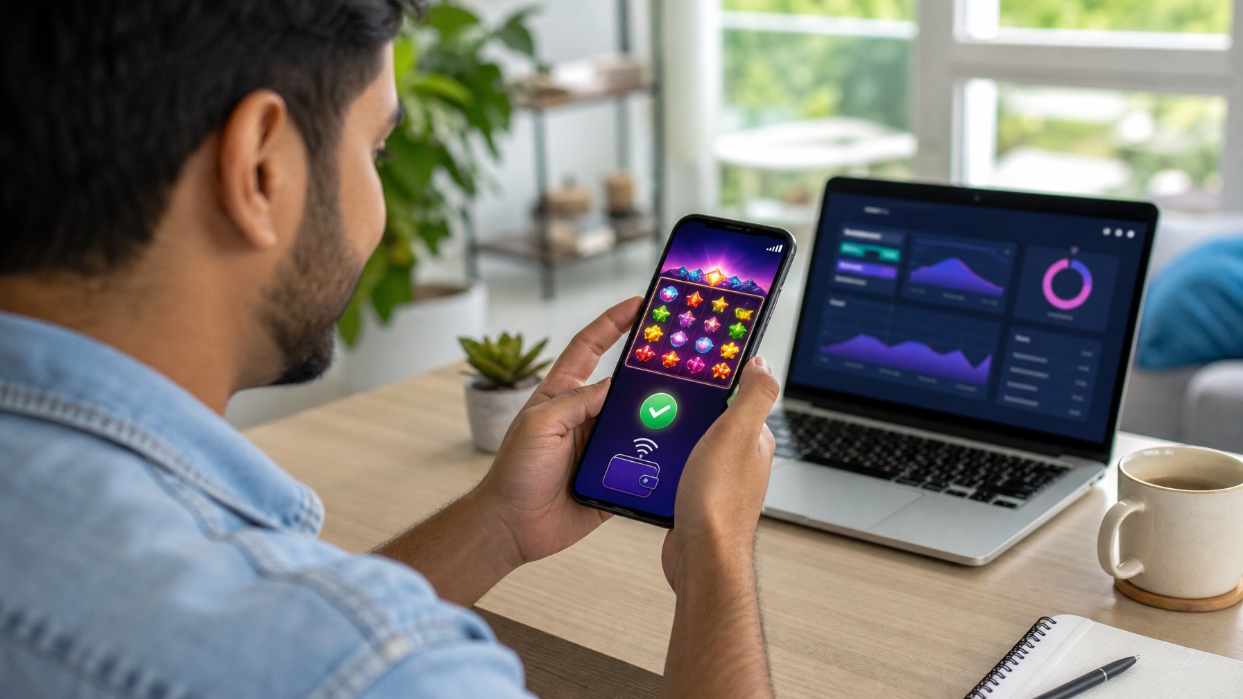 Orang dewasa menggunakan ponsel di ruang kerja dengan tampilan permainan digital dan pembayaran seluler.