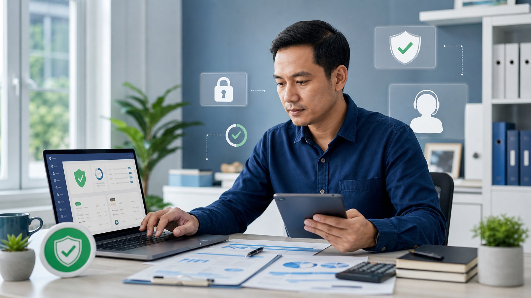 Seorang profesional memeriksa keabsahan dan keamanan platform digital menggunakan laptop, tablet, dan dokumen.