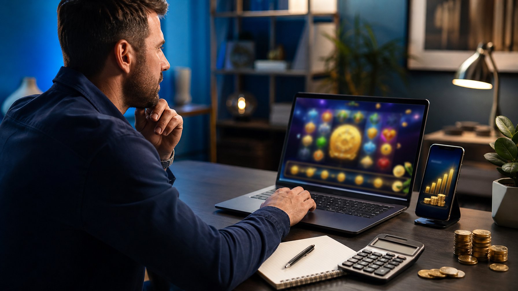 Orang dewasa menggunakan laptop dan ponsel dengan tampilan permainan digital serta catatan dan kalkulator di meja.