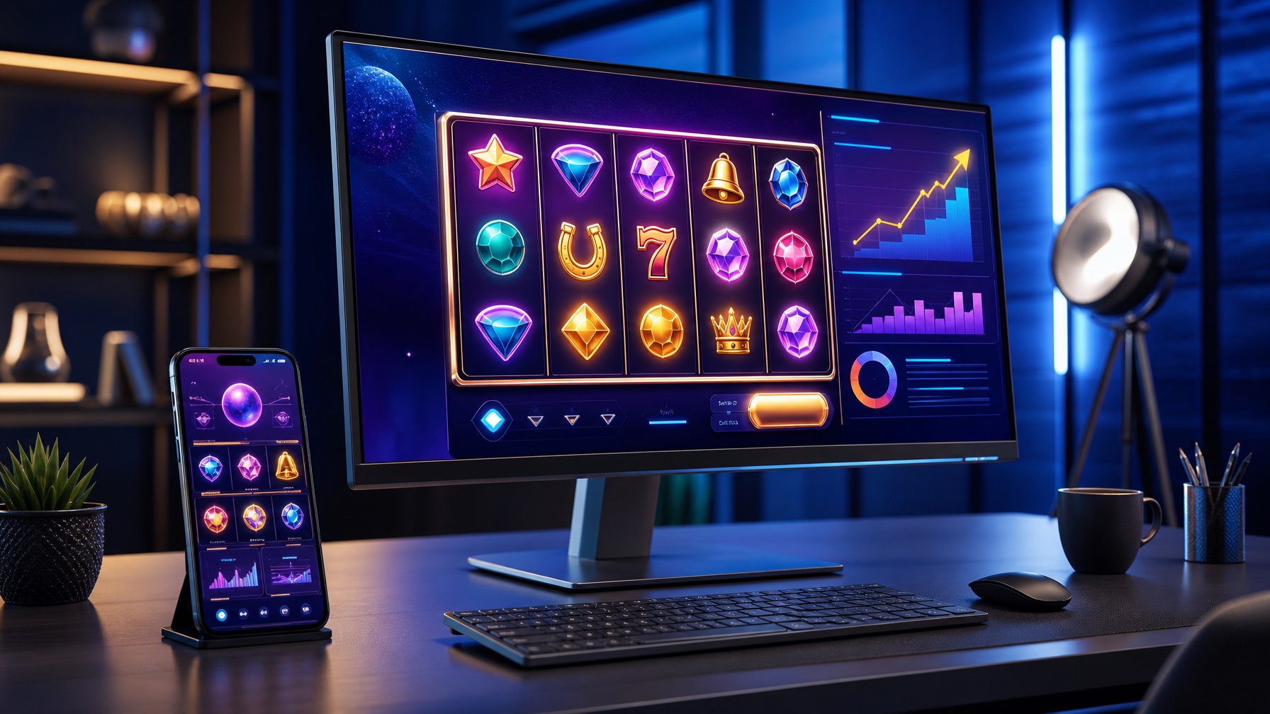 Meja kerja modern dengan monitor dan ponsel yang menampilkan antarmuka permainan digital abstrak bercahaya.