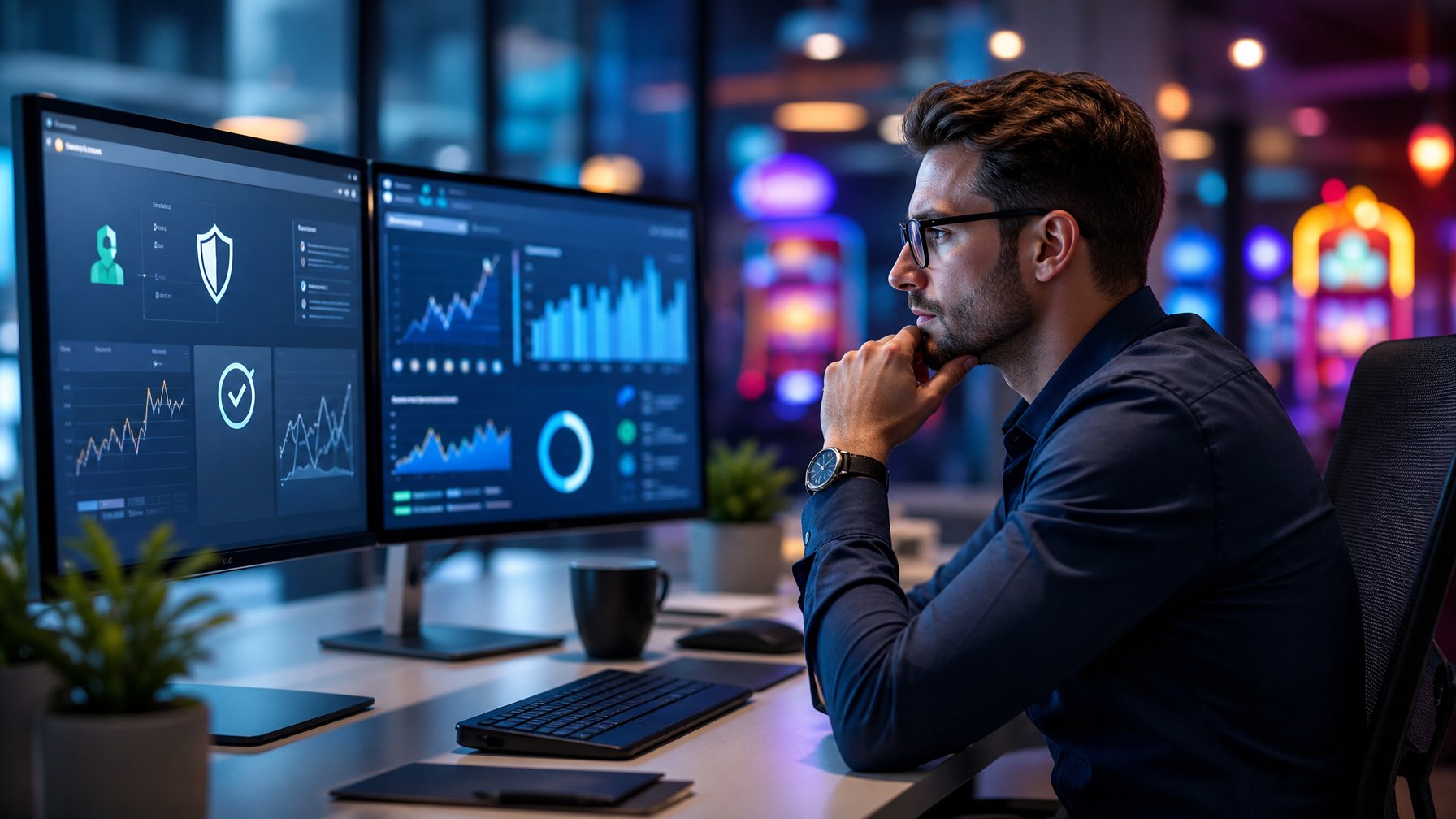 Seorang analis memeriksa dasbor data dan indikator keamanan digital di workstation modern.