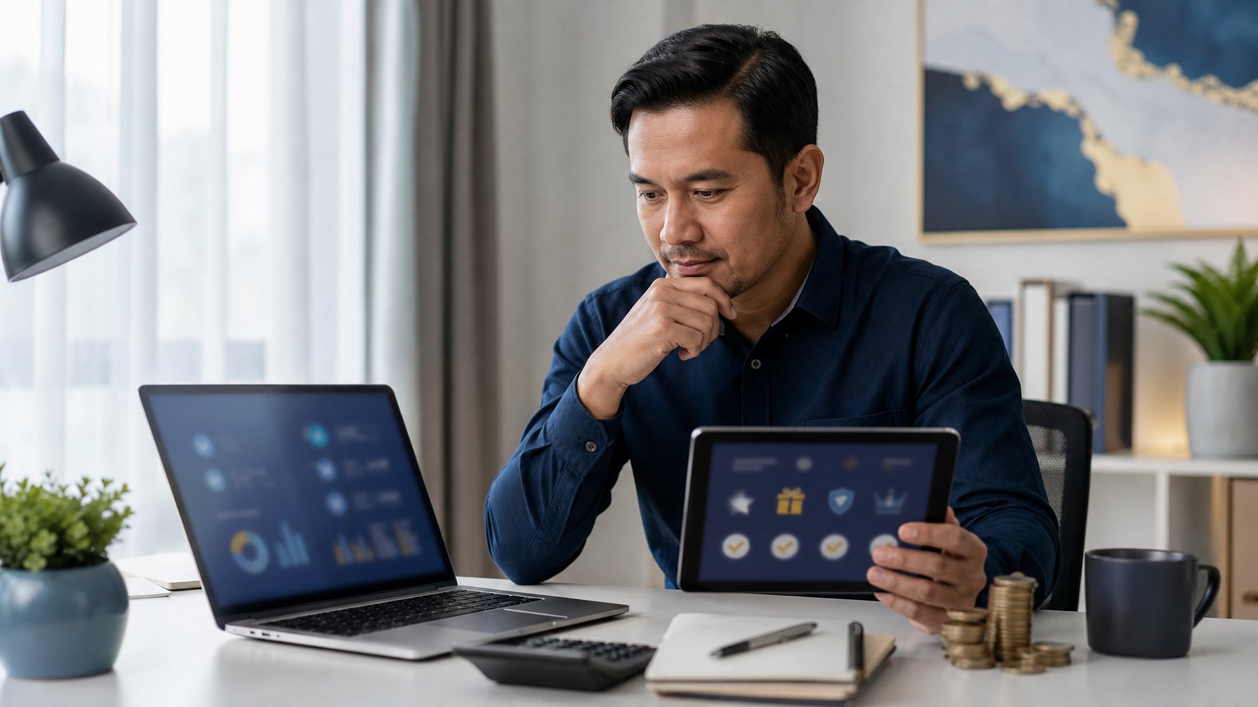 Seorang profesional menilai manfaat bonus sambutan menggunakan laptop, tablet, kalkulator, dan catatan di ruang kerja modern.
