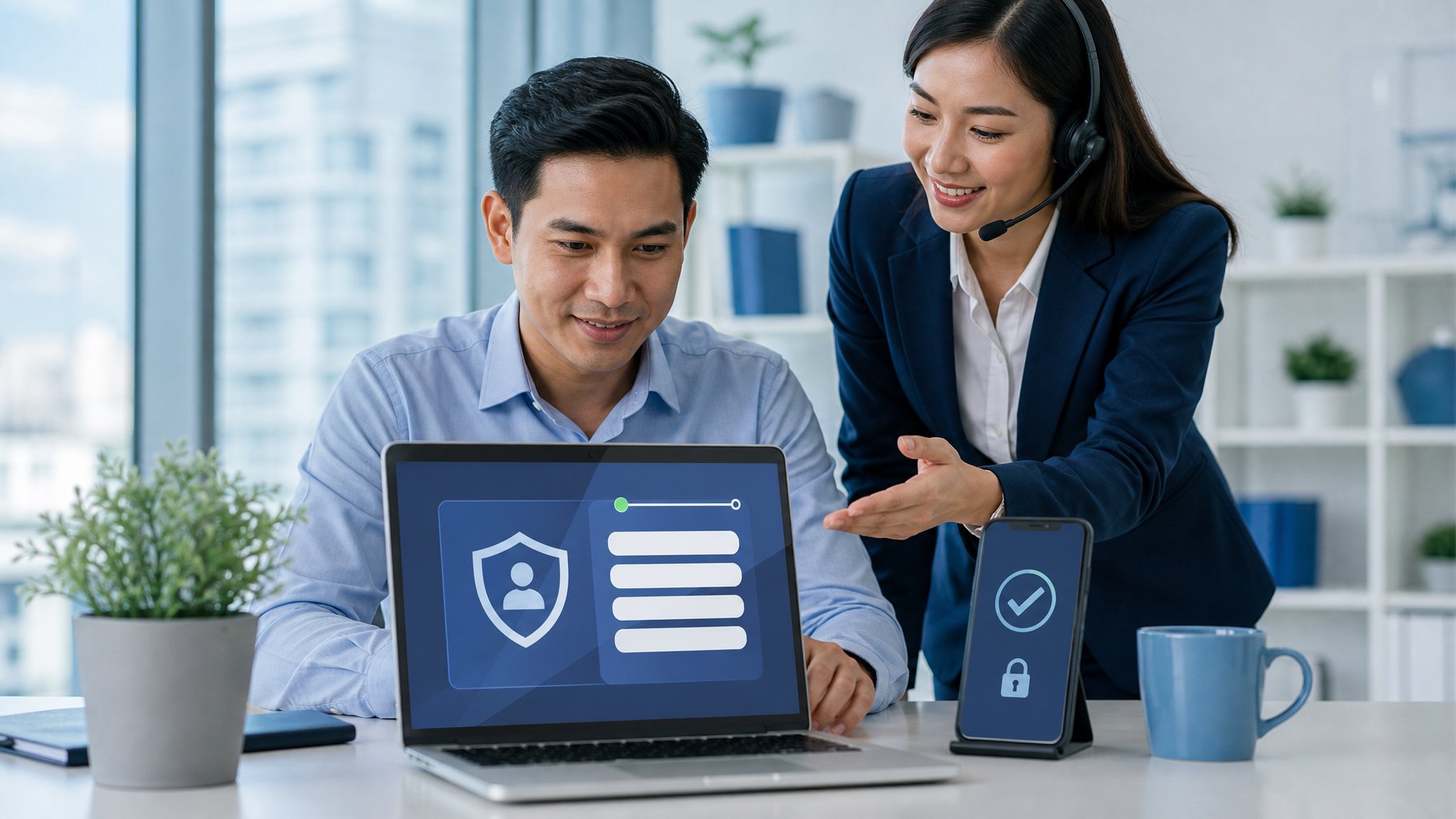 Seorang profesional menggunakan laptop dengan antarmuka pendaftaran digital yang aman di meja kerja modern.