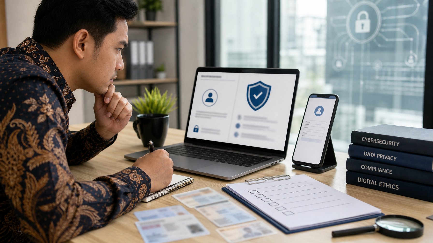 Orang dewasa memeriksa legalitas platform dan kredibilitas agen melalui laptop dan ponsel di meja kerja.