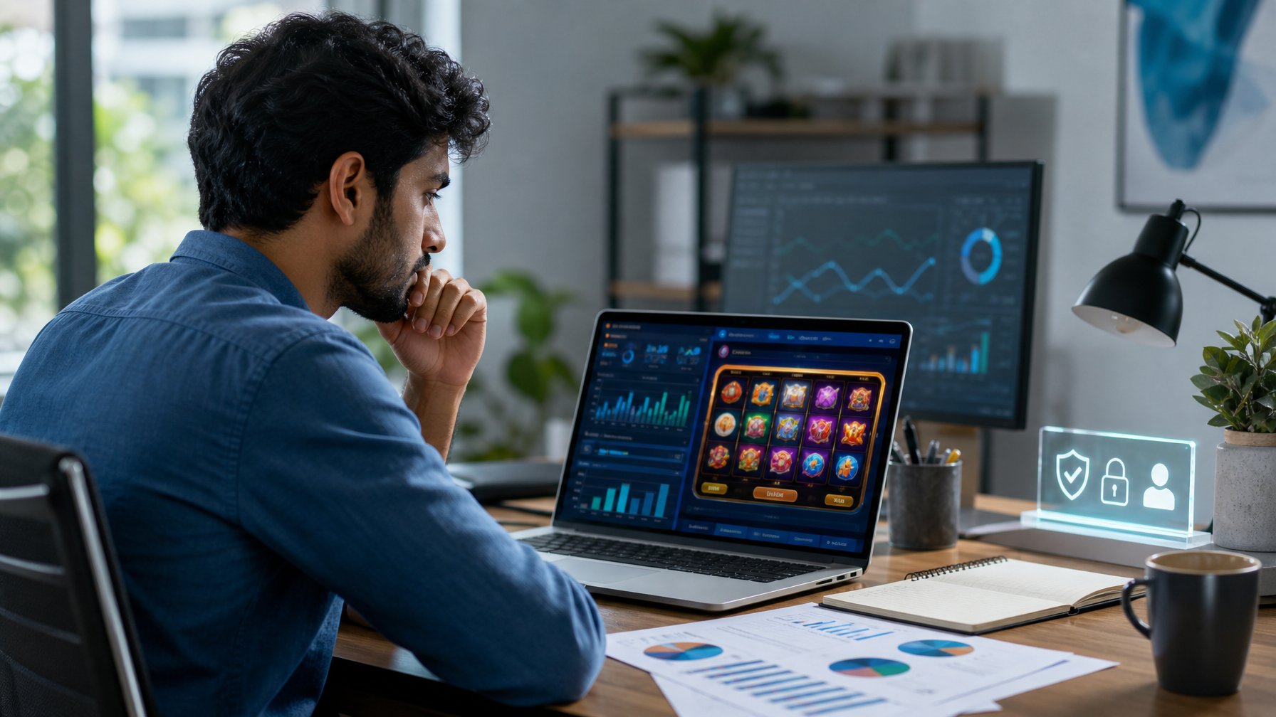 Seorang analis memeriksa grafik data abstrak pada laptop di ruang kerja modern.